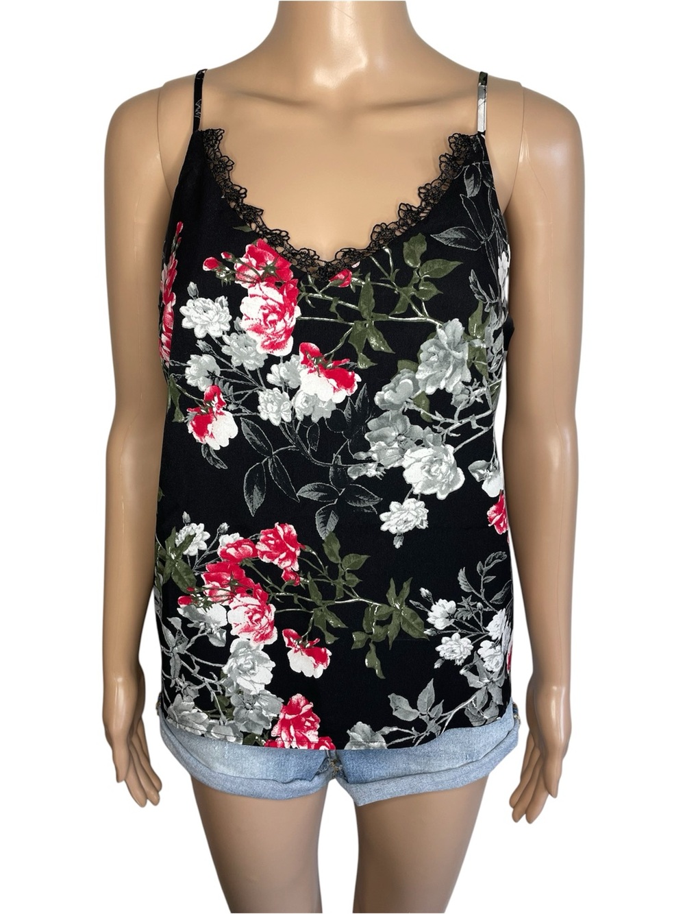 Banana Republic Pretty Floral Lace-Trim Black V-Neck Spaghetti Strap Tank Top